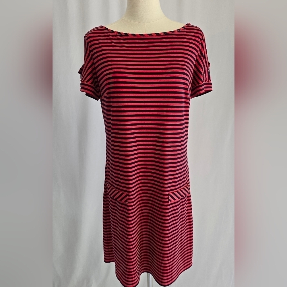 Laundry By Design Red & Navy Striped Short Sleeve Shift Dress Sz. S